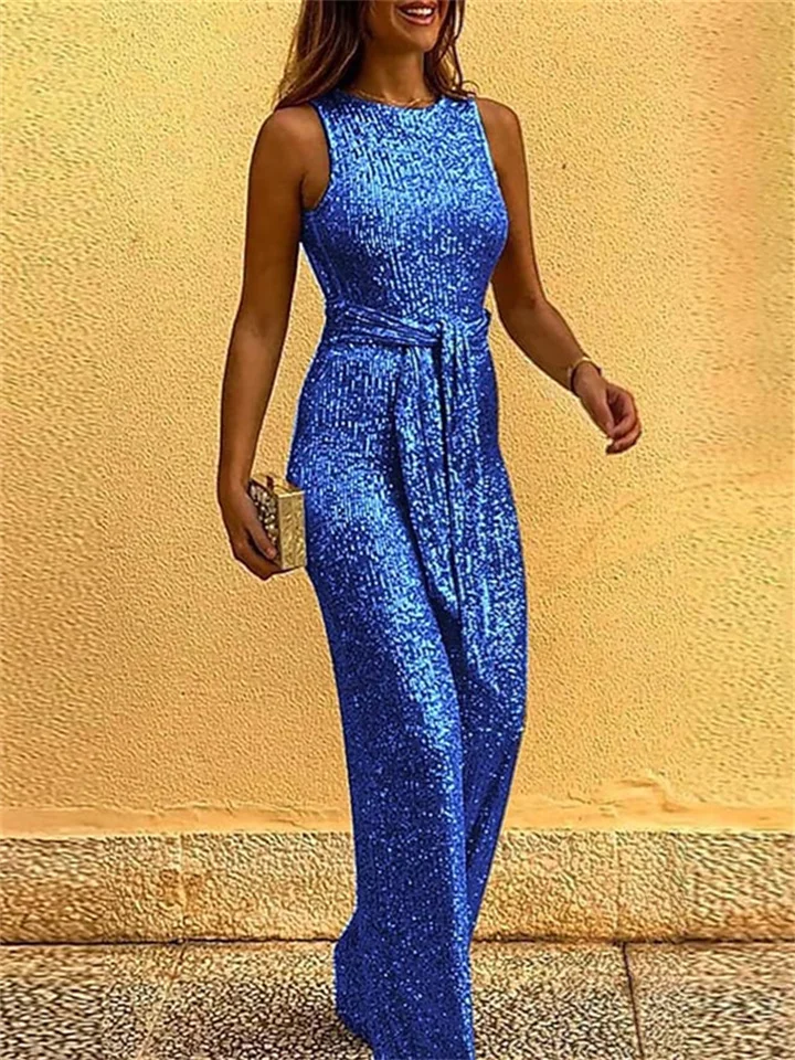 Women's Sexy Sophisticated Party Holiday Crew Neck 2022 Blue Pink Gold Slim Jumpsuit Solid Color Backless Sequins Lace up-Cosfine