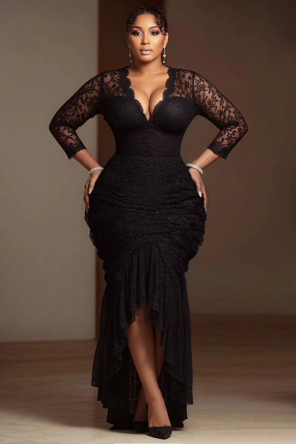 black high neck lace long sleeve frill bodycon dress Gothic Embroidered Lace Crop Top Bodycon Dress Set – GTHIC
