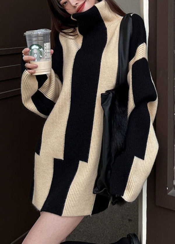 HIGH NECK STRIPED SWEATER BLACK/BEIGE