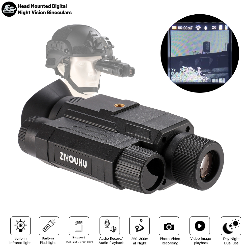 BekinTek Helmet Mounted Night Vision Monocular Head Mountable NVG Goggles Rechargeable Optics Telescope IR Full Dark Night View Camera 7x Infrared 8x Digital Zoom 1080 Video Record 8M Photo with 32G TF Card 2