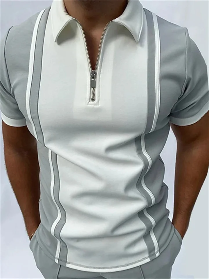 Men's Polo Shirt Golf Shirt Zip Polo Quarter Zip Polo Striped Turndown Navy Blue Gray 3D Print Casual Daily Short Sleeve Zipper Print Clothing Apparel Sports Fashion Casual Comfortable-JRSEE