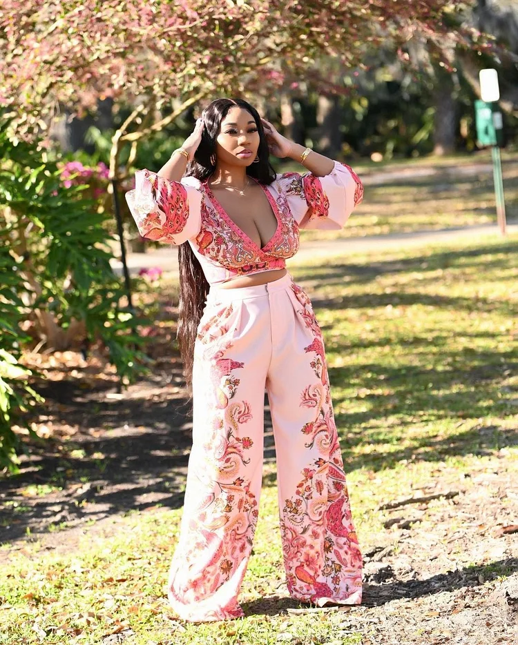 2 Piece Spring Print Long Sleeve V Neck Wide Leg Pant Set