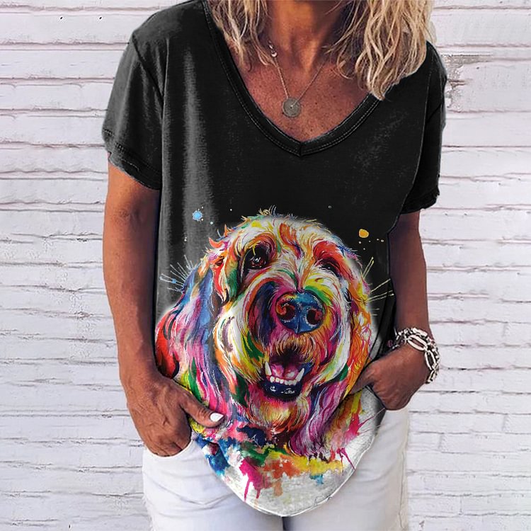 V Neck Dog Print Short Sleeve T-Shirt