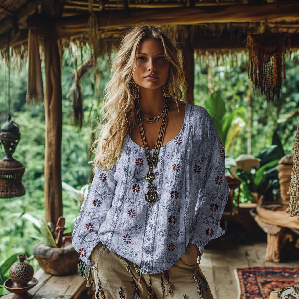 Linen-cotton Blend Bohemian-style Printed Long-sleeved Top - Helixace