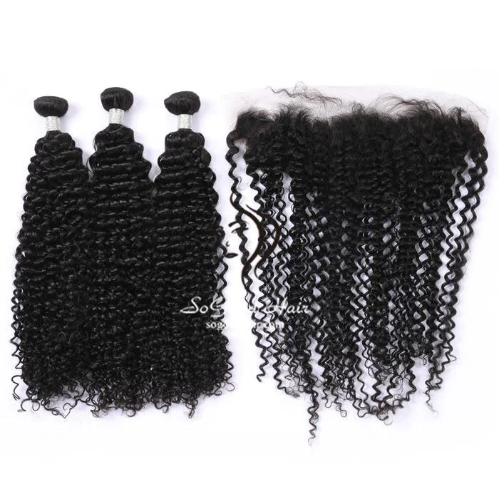 3 Bundles Deep Curly With 13x4 Lace Frontal 12A+ Virgin Human Hair
