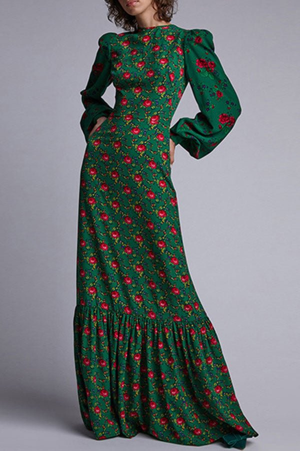 Floral Ruffle Lantern Sleeve Long Dress - Shop Trendy Women's Clothing | LoverChic