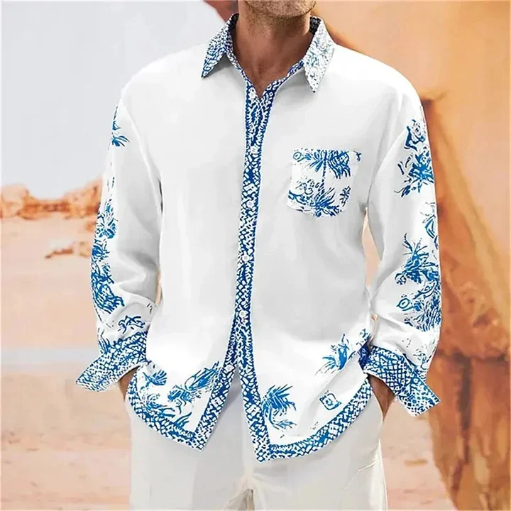Men's Vintage Floral Pattern Pocket Long Sleeve Casual Shirt