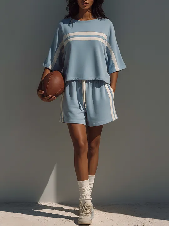 Women's Light Blue Cotton-Blend Stripe Co-Ord Set With Crop Top & Shorts, Modern Sporty-Chic Outfit MD