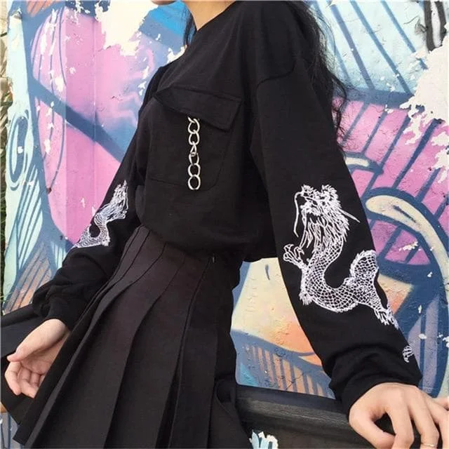 Black/Blue Dragon Embroidery Hoodie Jumper SP14415
