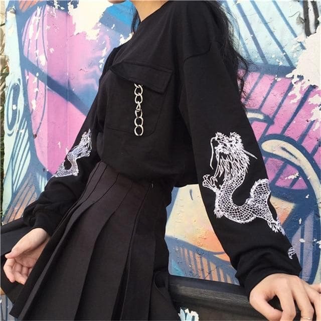 Black/Blue Dragon Embroidery Hoodie Jumper SP14415