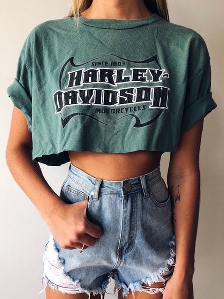 Letters Printed O Neck Short Sleeve Casual Crop Top P1710068