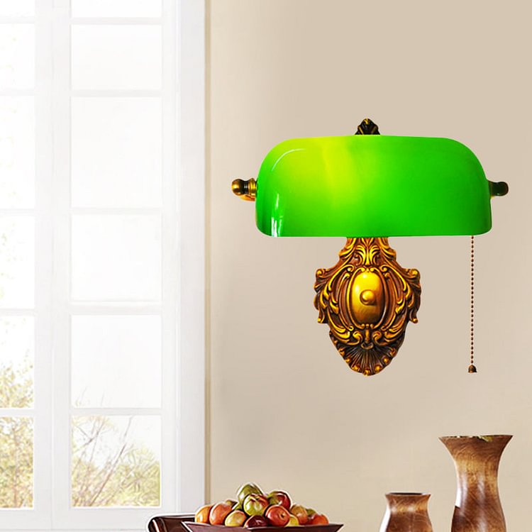 Semi-Cylinder Bedroom Wall Light Retro Green Glass Single Brass Wall Sconce with Pull Chain and Adjustable Joint
