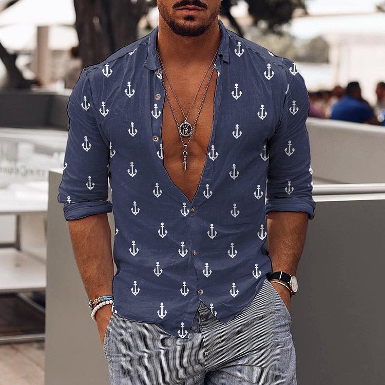 New Mens Fashion Vintage Anchor Print Casual Shirt