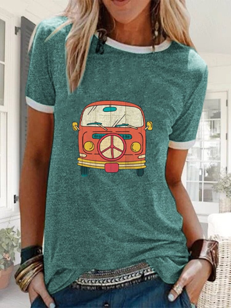 Casual Cartoon Bus Printed Patchwork O Neck T shirt P1652613