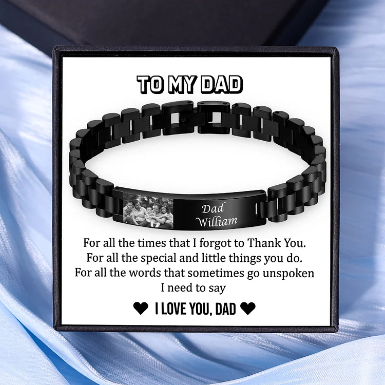 Personalized ID Bar Bracelet Customized with 2 Names & 1 Photo Bracelet Silver Bracelet Father's Day Gift