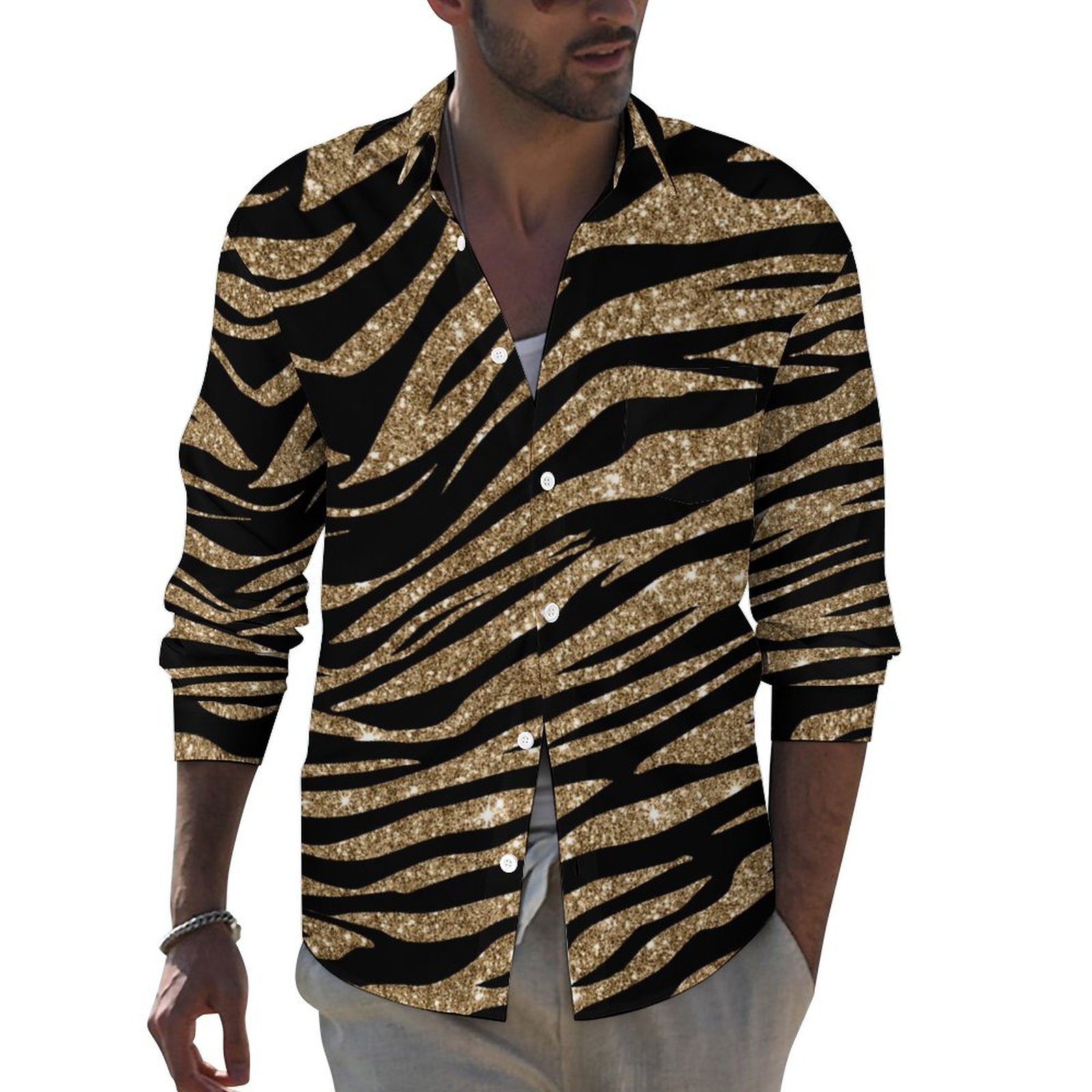 Black Gold Tiger Stripe Men's Casual Long Sleeve Hawaiian Button Down  Pocket Shirt