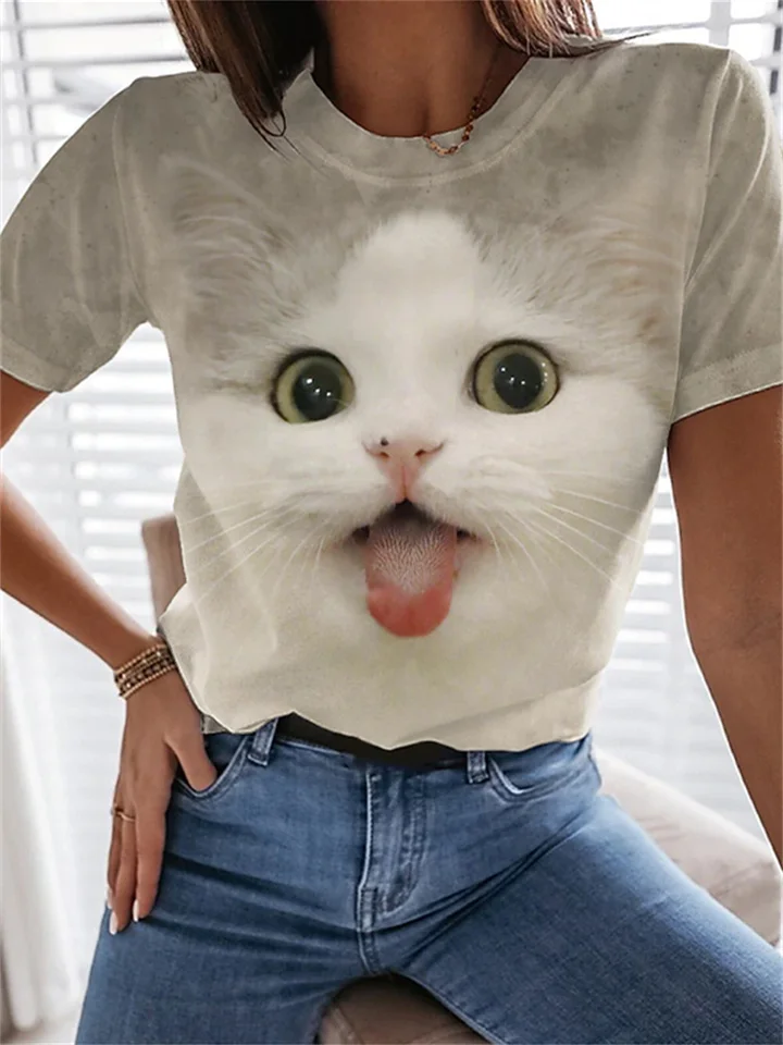 Women's T shirt Tee Blue Khaki White Graphic Cat Print Short Sleeve Daily Weekend Vintage Round Neck Regular 3D Cat Painting-JRSEE