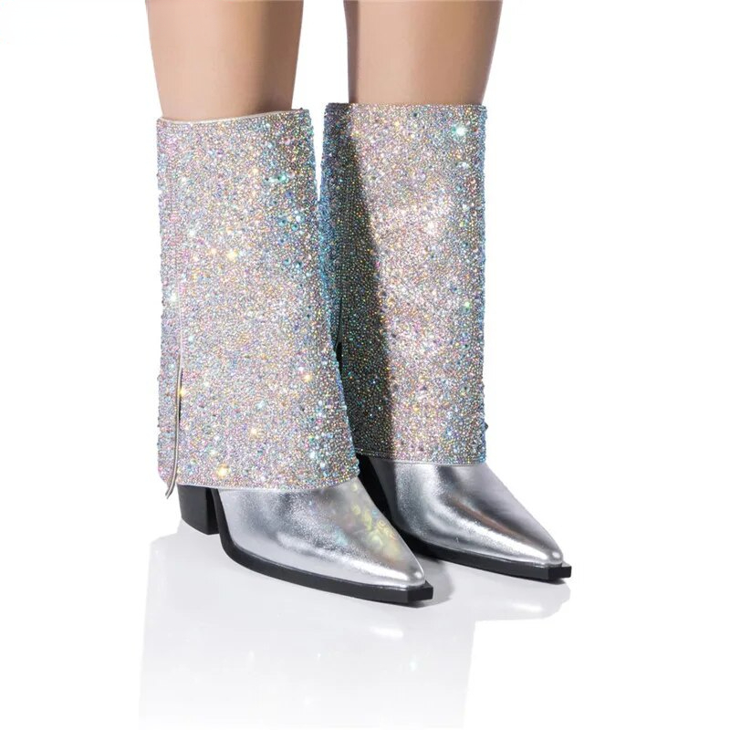 VCSHOES Western Boots Women Crystal Rhinestone Ankle Boots For Women Short Chunky Cowboy Boots Ladies Shoes