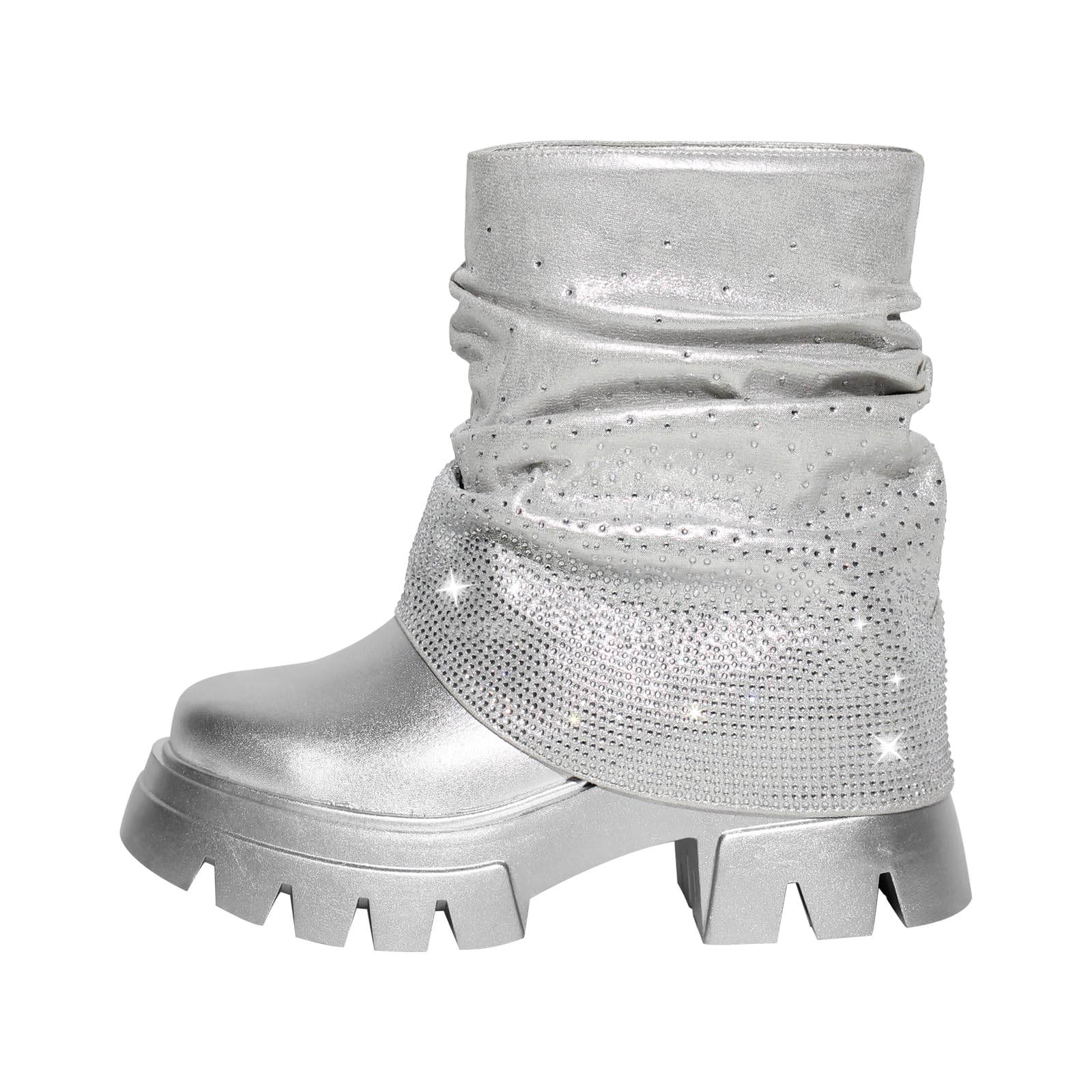 TAAFO Sliver Rhinestone Fold Over Boots Flats Platform Ankle Boots Dress Party Shoes Women Boots