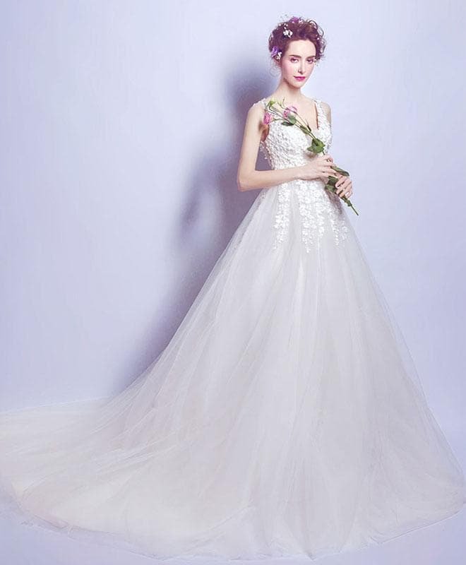 White V Neck Tulle Long Prom Dress, White Evening Dress