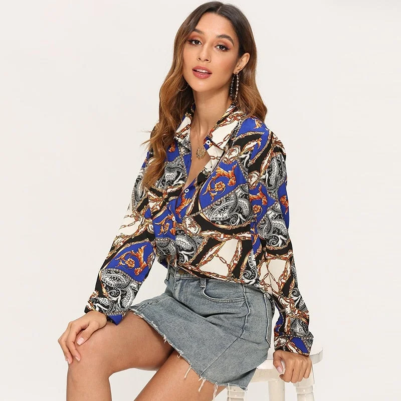 Women Blouses 2019 Fashion Chain Print Long Sleeve Vintage Blouse Turn Down Collar Casual Shirts