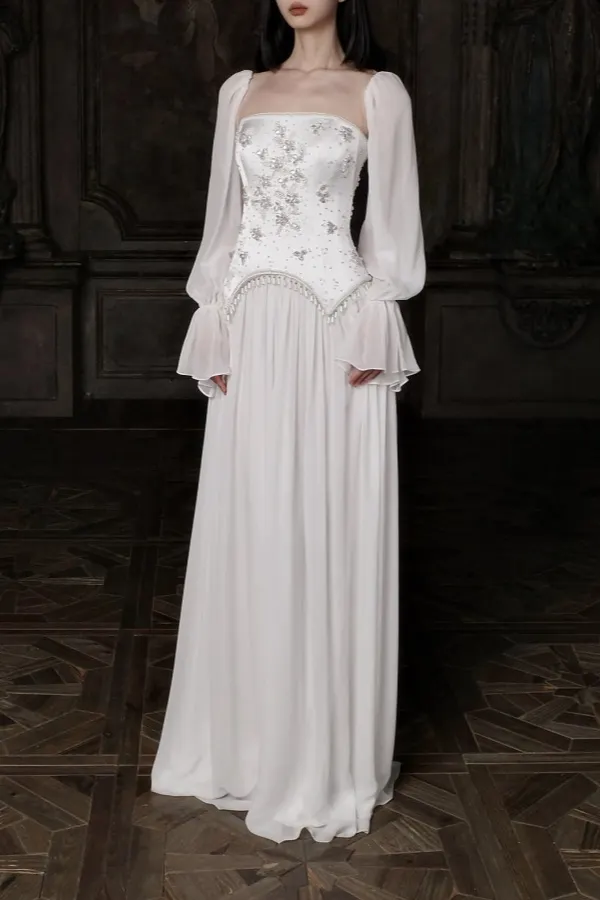 Lussooy Chic White Square Neck Beading Pleated Long Sleeves Floor Length Prom Dress