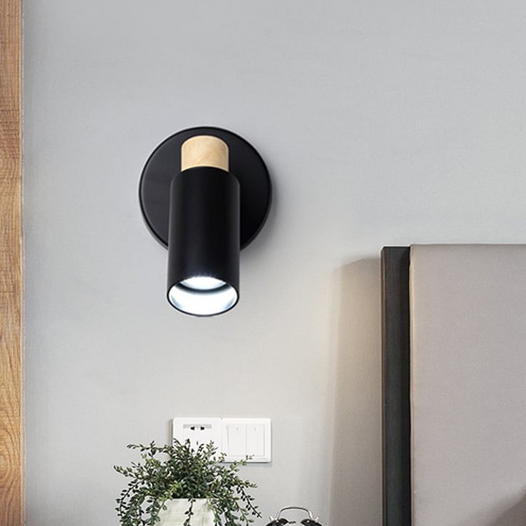 Tubular Wall Lighting Modern Metal 1 Head Black Sconce Light Fixture with Wood Cap