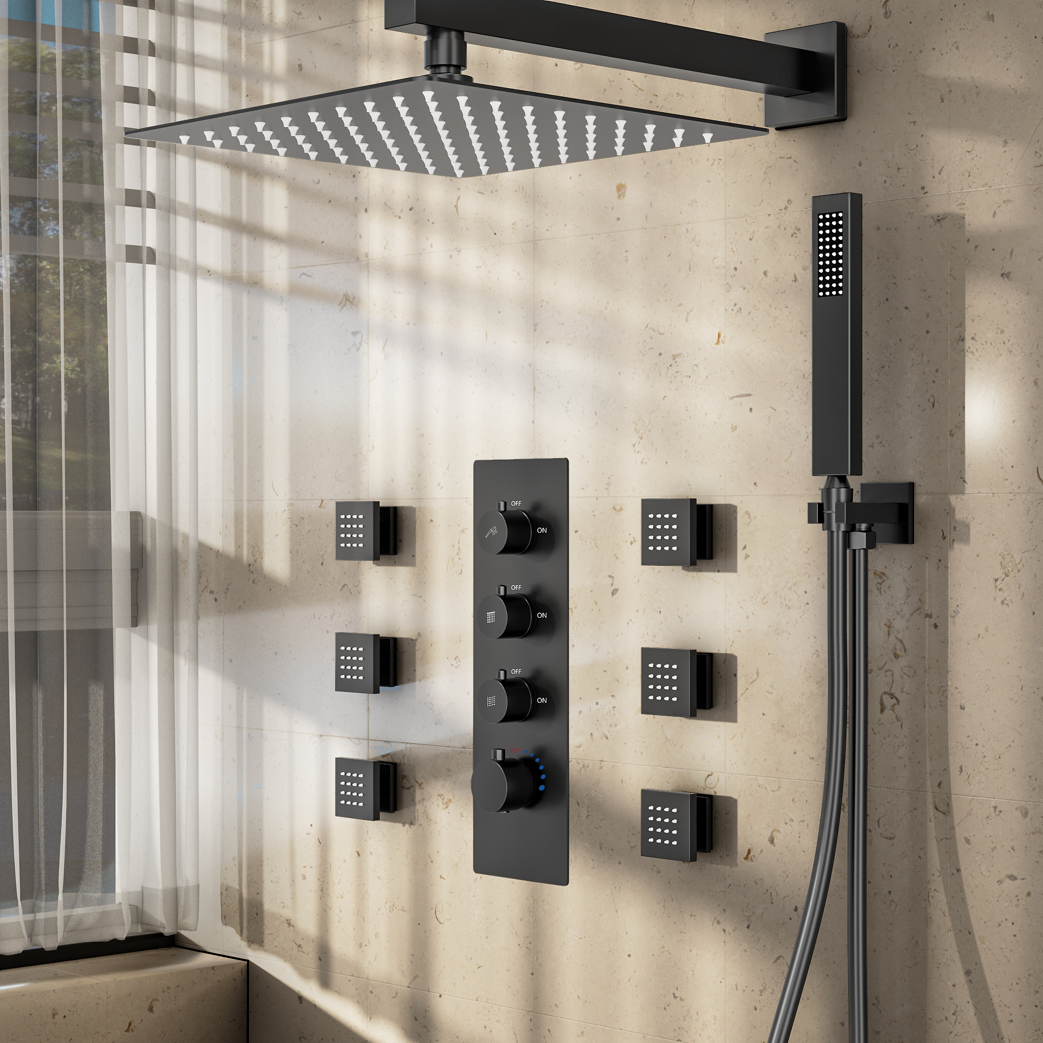 Modern Matte Black Wall Mounted 12 Rainfall Showerhead & Handheld Shower Set with Six Body Spray Jets Thermostatic Solid Brass