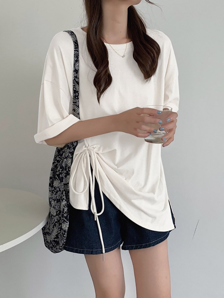 Solid Drawstring Split Round Neck Short Sleeve Casual T-Shirt