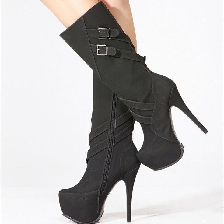 Women's Black Stiletto Heels Buckle Almond Toe Platform Mid-Calf Boots |FSJ Shoes