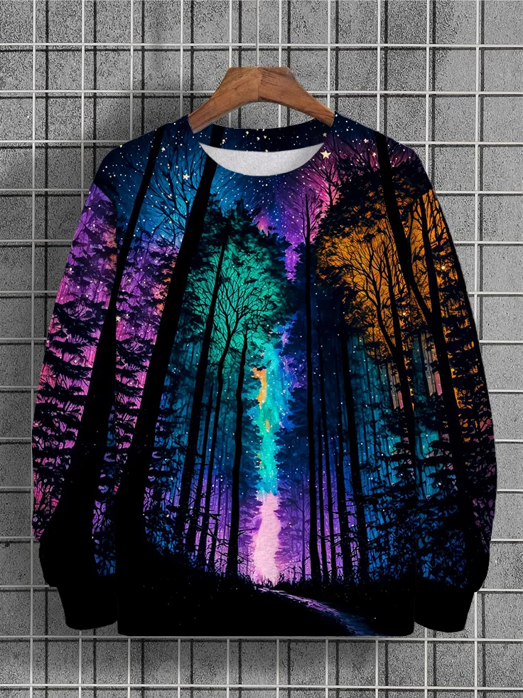 Men's Retro Colorful Galactic Starry Night Forest Print Sweatshirt