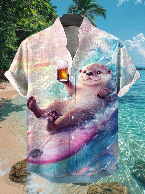 Men's Otter Lying On A Surfboard Holding A Beer Vacation Art Print Casual Shirt