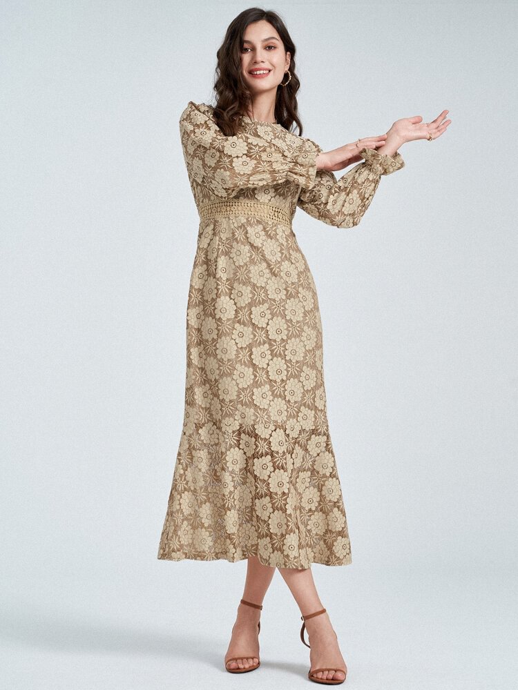 Flower Pattern Long Sleeve Crew Neck Mermaid Lace Dress