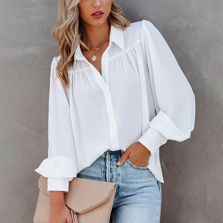Balloon Sleeve Pleated Solid Stand Collar Loose Shirt socialshop