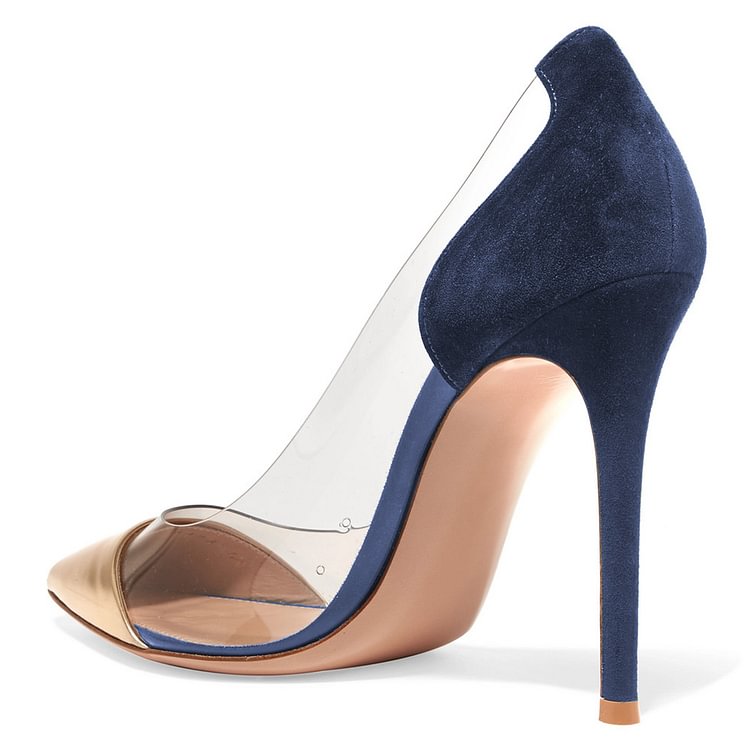 Women's Gold And Navy Clear Heels Stiletto Pumps |FSJ Shoes