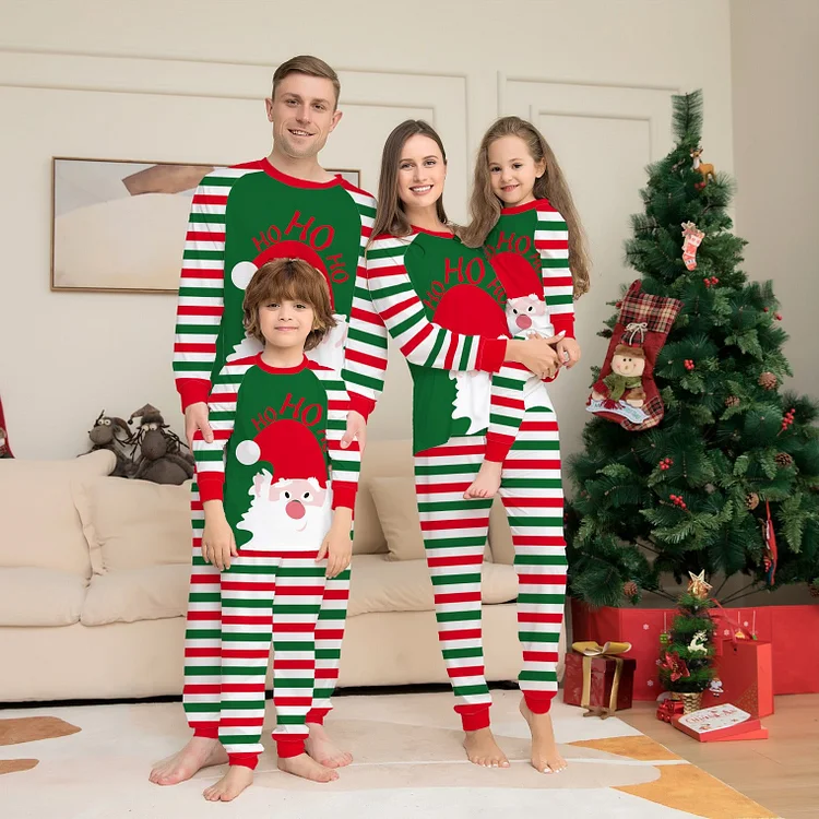 Christmas Santa 'Ho Ho Ho' Cartoon Print Striped ChMatching Family Pajama Set