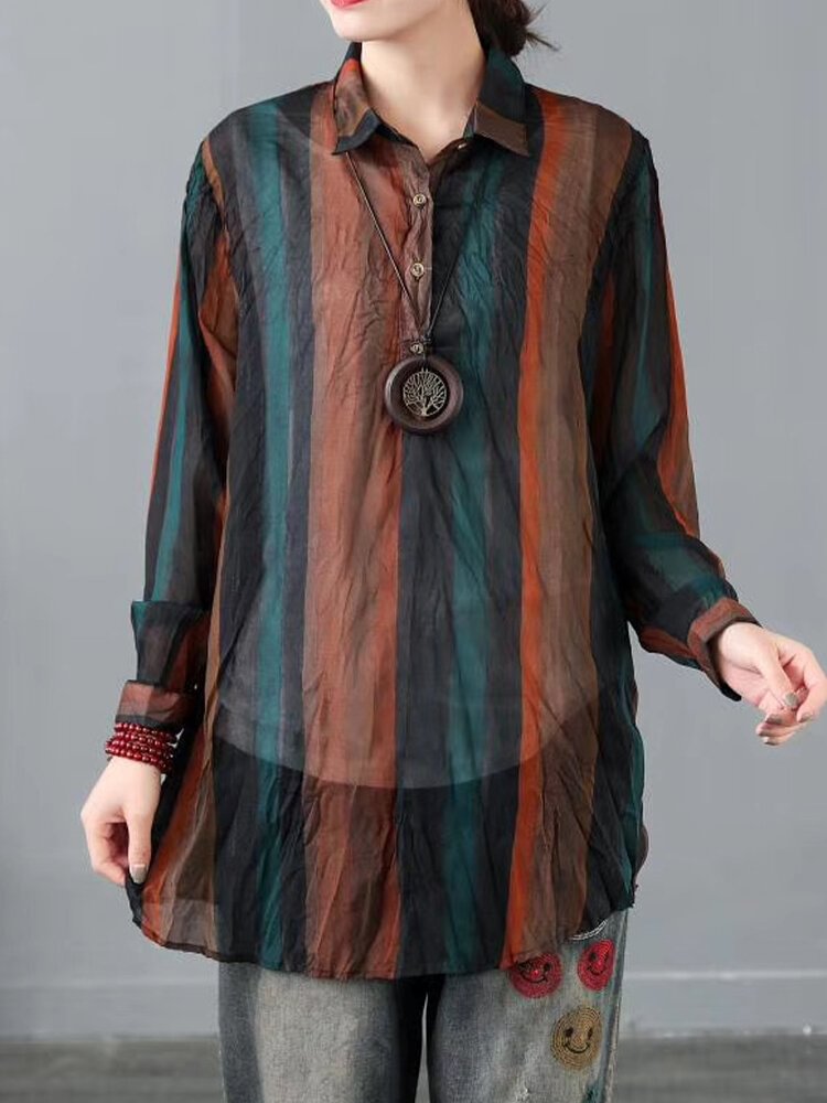 Striped Print Long Sleeves Wrinkle Casual Lapel Blouse For Women P1746666
