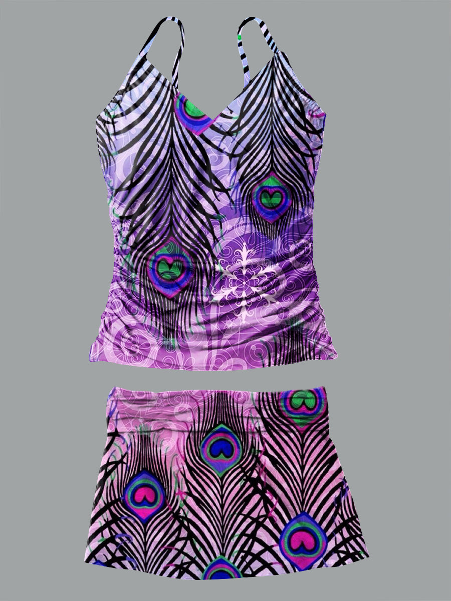 Peacock Feather Art Print Halter Bikini V Neck Set Swimsuit
