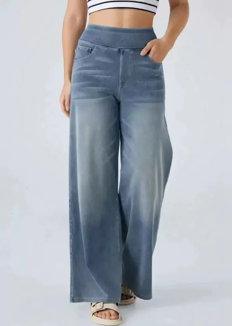 Vintage Light Blue Pockets Elastic Waist Denim Wide Leg Pants Summer