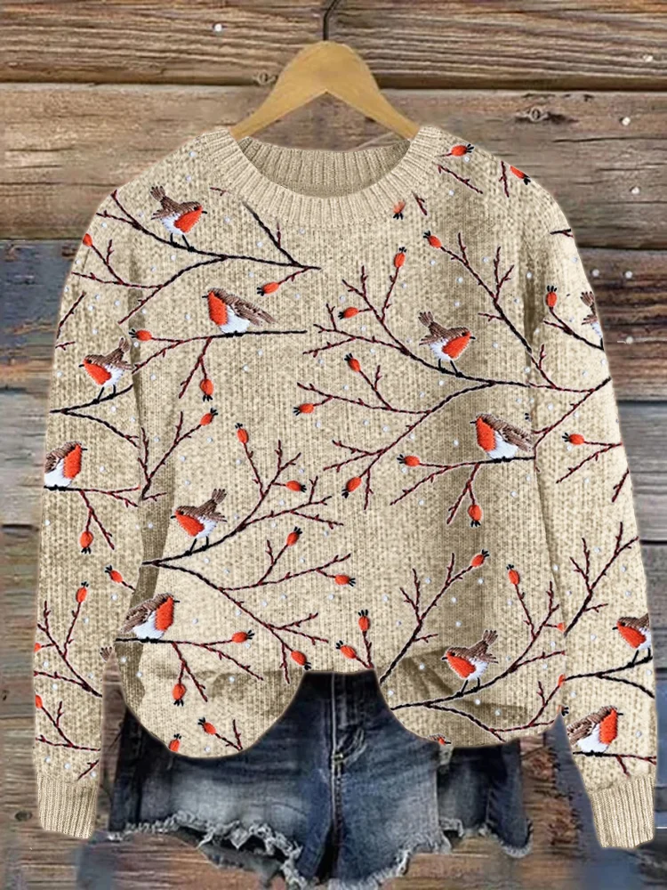 Birds on Branch Embroidery Pattern Cozy Knit Sweater