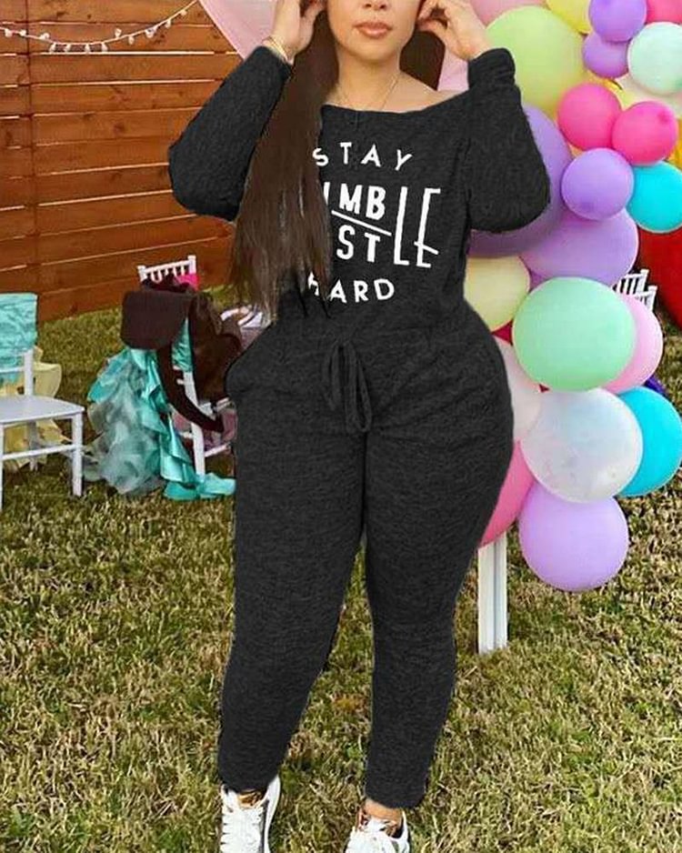 Letter Print Drawstring Waist Round Neck Casual Jumpsuit - Shop Trendy Women's Clothing | LoverChic