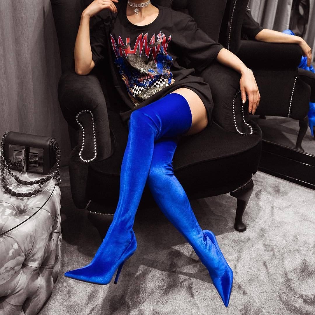 Royal blue thigh on sale high flat boots