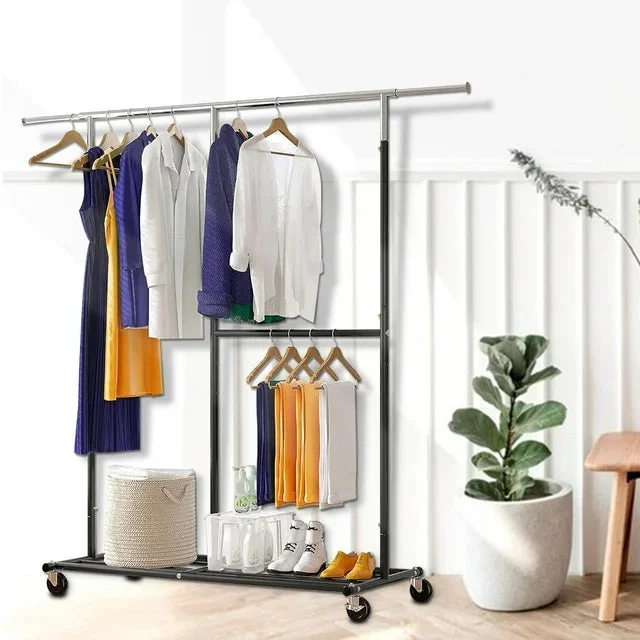 lso GO Clothes Rack Heavy Duty, 405LBS Clothing Racks for Hanging Clothes, Clothes Rack with Wheels Garment Rack, Heavy Duty Clothing Rack with Shelves Portable Clothes Rack, Meatl