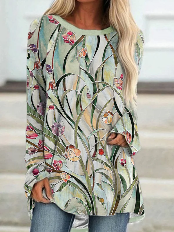 Floral Art Printed Long-Sleeve Shirt Dress
