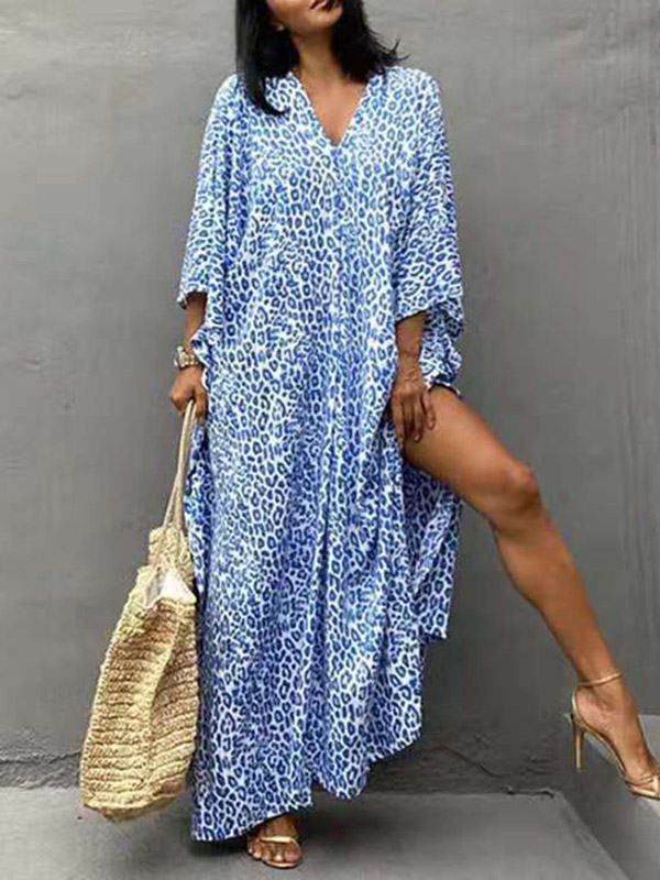 Pleated Printed Split-Side Sun Protection Batwing Sleeves Loose V-Neck Maxi Dresses Beach Cover-Up