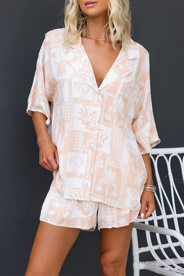 Abstract Print Half Sleeve Loose Fit Blouse Shorts Matching Set-White
