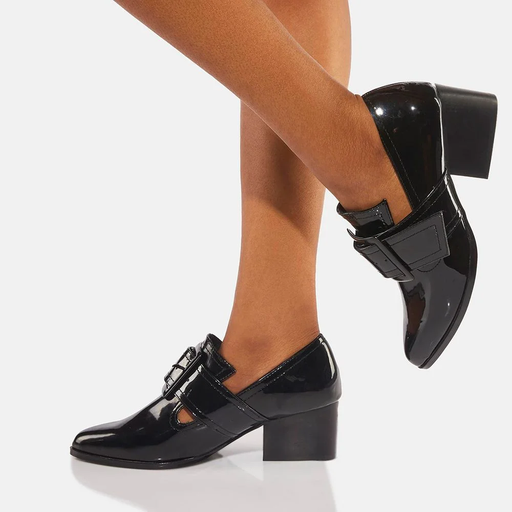 Black Patent Leather Almond Toe Chunky Heel Loafers with Buckle Nicepairs