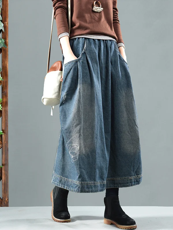 Stylish Elasticated Denim Patchwork Skirt