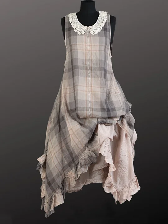 Cotton Linen Plaid Print Lace Neckline Dress