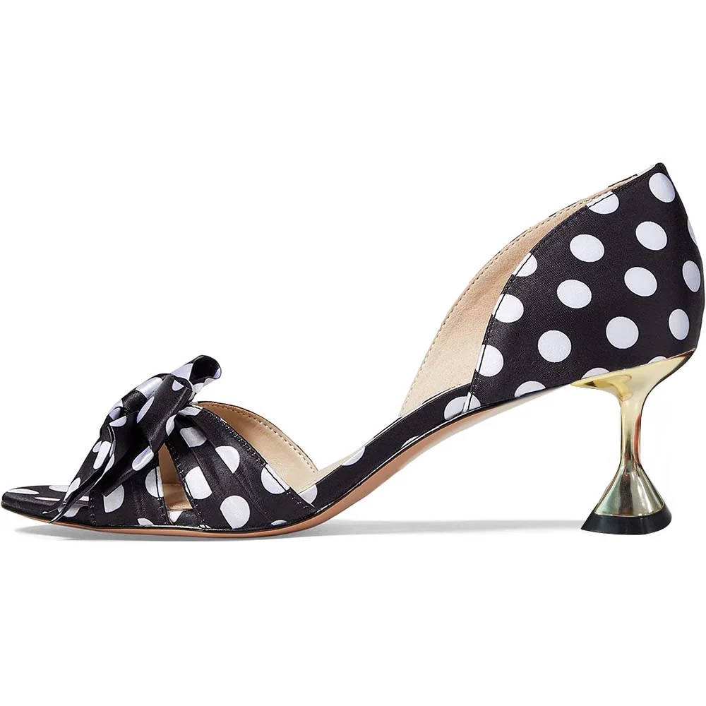 Black Polka Dot Open Toe Flared Heel Sandals with Bow-Knot Nicepairs